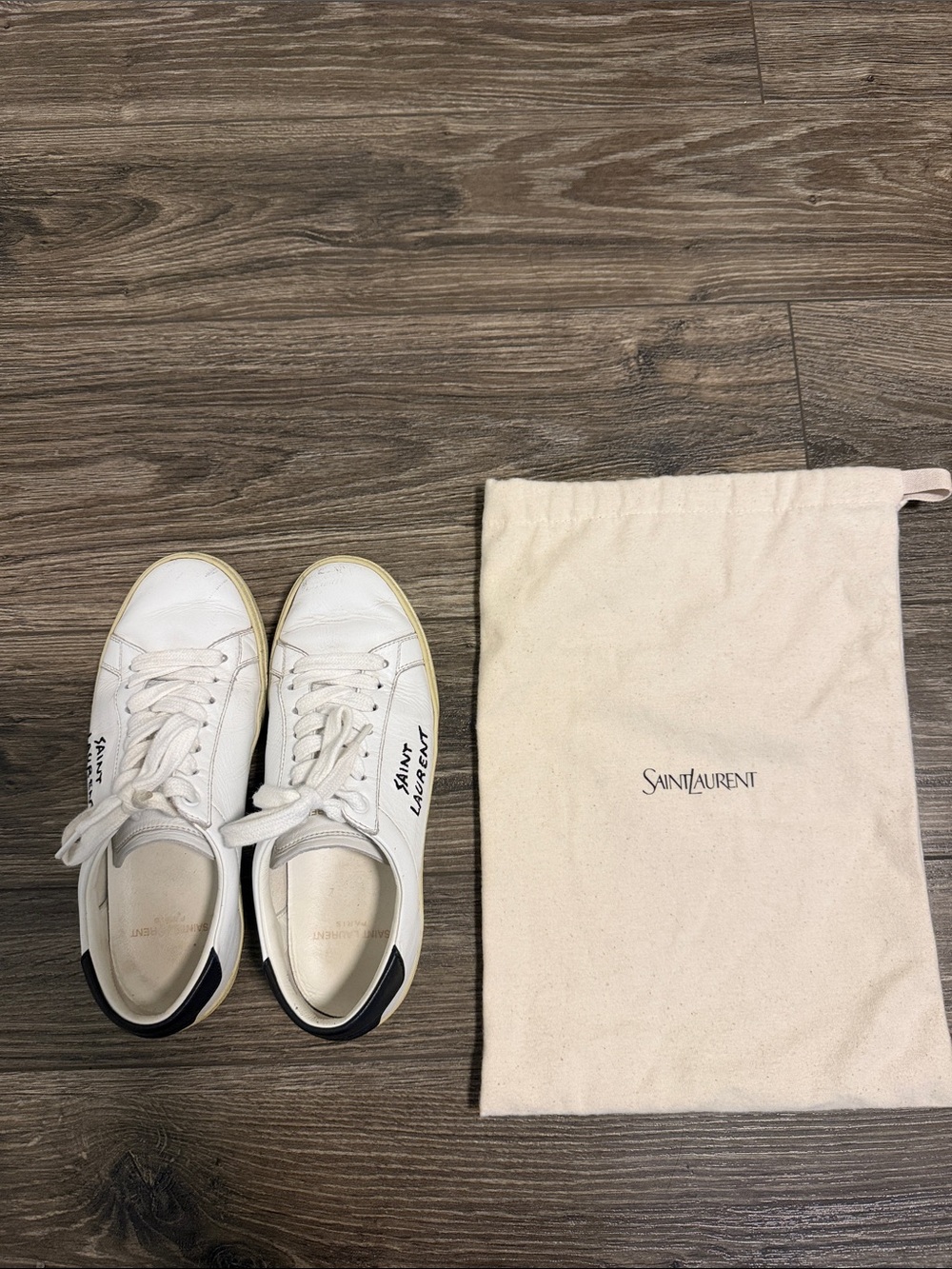 Saint Laurent White Leather Low-Top Sneakers with Black Heel Accent